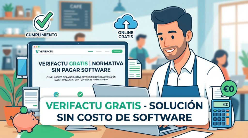Computer screen showing VERIFACTU free compliance software with text about no cost and online use
